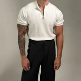 Threebooy Men Clothing Luxury Knit Zipper Short-sleeved T Shirt Henry Collar Solid Color Leisure Korean Popular Streetwear Retro Knitwear