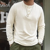 Threebooy Long-sleeved Henley Shirt for Men Three-button Classic Design Round Collar Beige Basic T-shirts Male Autumn Thin Tees