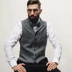 Threebooy Autumn Winter Men's British Waistcoat Retro Herringbone Slim Tweed Suit Vest Heavy Button Jacket Men Aesthetic Sleeveless Coat