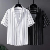 Threebooy Korean Fashion Youth Summer New Shirts Men's Polo Collar Striped Single Breasted Trend Versatile Casual Loose Short Sleeve Tops