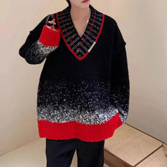 Threebooy Unisex Black And Red Gradient V-Neck Sweater Jacket Autumn And Winter New Y2k Harajuku Style Loose Personality Fashion Trend