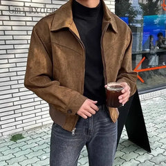 Threebooy Elegant Solid Brown Coat Men's Spring Autumn High-end Loose Lapel Plush Top Winter New Zipper Short Jacket Vintage Streetwear