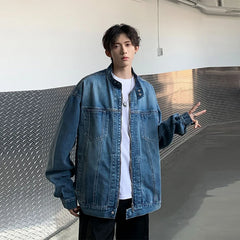 Threebooy New High Street Men's Zip-up Denim Jackets Casual Washed Streetwear Stand Collar Texture Korean Harajuku Retro Long Sleeve Coats
