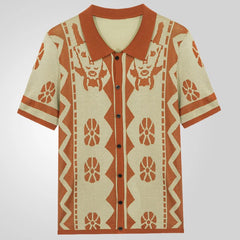 Threebooy Men's Knitted Ethnic Printed Polo Shirt Casual Vintage Streetwear Button Down T-shirt for Men Breathable Luxury Clothing M-3XL