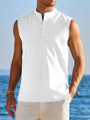 Threebooy Men's Casual Hippie Style Collarless Henley Neck Tank Tops Streetwear Solid Color Loose Fit Tees Summer Clothing New T-shirt