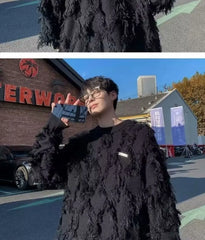 Threebooy Retro Fringed Sweater Loose and Lazy Niche Knitted Sweater Trendy Brand Sweater for Men