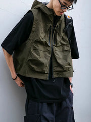 Threebooy Japanese Outdoor Three-dimensional Multi-pocket Short Waterproof Workwear Hooded Vest Men's Trendy Summer Fishing Vest Jacket