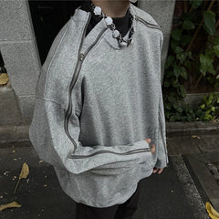Threebooy Men's Chic Zipper Sweatshirt Light Luxury Long Sleeve Solid Color O Neck Korean Popular Retro Loose Leisure Streetwear Clothing