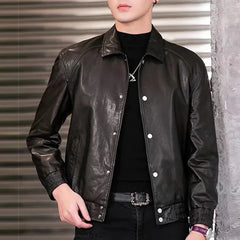 Threebooy Mens Leather Metal Buttons Large Pockets Motorcycle Leather Jacket Winter Casual Outdoor Windproof outfit Men's Clothing