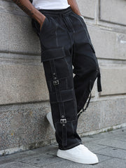 Threebooy Men's Street Style Multi-Pocket Work Trousers Loose Straight Leg Casual Urban Fashion Suitable for All Seasons