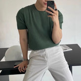 Threebooy New Men Fashion Korean Style Light Luxury Knitted O Neck T-shirt Casual Fitness Solid Color Short Sleeve Tees Breathable Tops