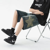 Threebooy American Style High Street Patch Pentagram Embroidered Patchwork Worn Shorts Y2k Hip-hop Blue Denim Shorts