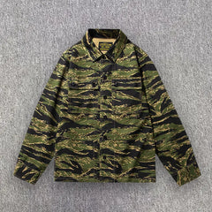 Threebooy Spring Men's Tiger Stripe Camo Camouflage Cargo Shirt Fashion Work Engineer Long Sleeved Shirt Jacket With Double Pockets