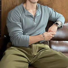 Threebooy Vintage Trend Fashion Men T-Shirts Spring Autumn New Solid O-Neck Button Waffler Elastic Quick Dry Casual Loose Long Sleeve Tops