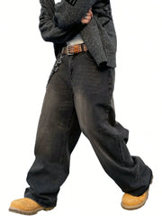 Threebooy 1Pc Men's Wide Pants Brushed Jeans Wide Jeans Y2K New Rocks Jeans Buggy Black Hip-Hop Pants