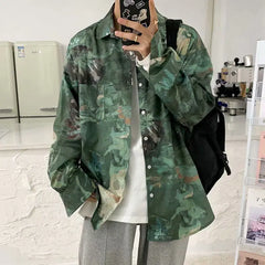 Threebooy Trendy Brand Retro Oil Painting Printed Long-sleeved Shirt Men Street Loose Casual Couple Shirt Jacket