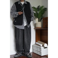 Threebooy Japan Cityboy Style Jacket Retro Work Clothes Striped Shirt Vest Korean Streetwear Men Women Loose Trendy Long-sleeved Jacket