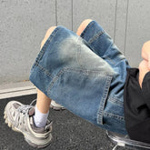 Threebooy Summer New Baggy Denim Shorts Fashion Casual Straight Harajuku Jeans Male Vintage Wash Drawstring Short Pants Streetwear