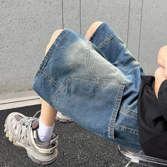 Threebooy Summer New Baggy Denim Shorts Fashion Casual Straight Harajuku Jeans Male Vintage Wash Drawstring Short Pants Streetwear