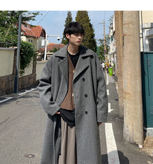 Threebooy Long Dust Coat Men Winter Korean-style Trench Mens Solid Double Breasted Woolen Cloth Coat Loose Casual Trenchcoat Outwear