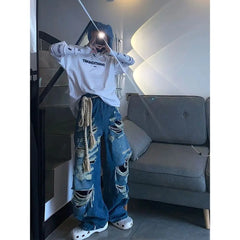 Threebooy Distressed Brushed Jeans Men Niche High Street Straight Trousers