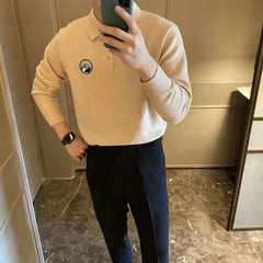 Threebooy Mens Embroidered Knitted Sweater 2024 New Genderless Fashion Versatile Youth Retro Solid Color Lapel Knitted Sweater Unisex