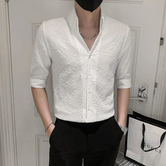 Threebooy Men's Business V-Neck Casual Long Sleeve Shirts/Male Slim Fit High-End Dress Streetwear Social Blouse Shirts Black White