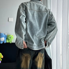 Threebooy 90s Streetwear American Embroidery Washed Denim Jacket Men's Spring and Autumn New Style Loose Casual Jacket Top Couple