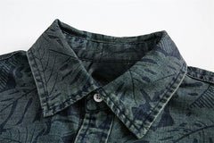 Threebooy Summer Denim Short Sleeve Shirt Men Streetwear Hip Hop Leaves Print Jeans Shirt Oversized Harajuku Washed Casual Blouse Male