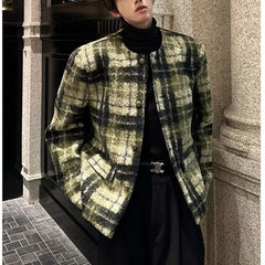 Threebooy Men's Tweed Plaid Blazers Cardigan Autumn Winter Trend Collarless Short Jacket Fashion Green Korean Style Chic Elgance Coat