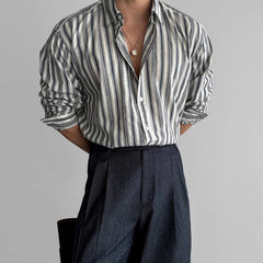 Threebooy New Naples Business Men Shirts Light Luxury Textured Lapel Striped Long Sleeve Cardigan Leisure Premium Commuter Blouse M-2XL