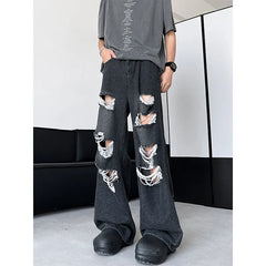 Threebooy Men's Ripped Hole Jacquard Jeans Summer Thin Handsome Casual Pants Unisex High Street Straight Wide Leg Jeans Blue/Black