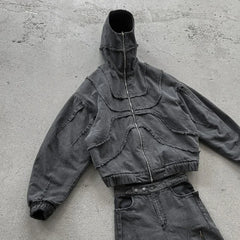 Threebooy American Retro Washed Denim Jacket Men Women Full Zip Hooded Outerwear Baggy Hip Hop Patchwork Jacket Goth Aesthetic Streetwear