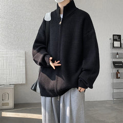 Threebooy Autumn Winter Stand Collar Zipper Sweater Men Streetwear Knitted Sweater Loose Solid Color Knitted Cardigan Coat 4 Colors