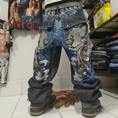 Threebooy Y2k European and American Hip Hop Washed Embroidered Graphic Pattern Jeans High Street Fashion Patchwork Loose Straight Pants