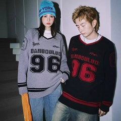 Threebooy Korean Oversized Sweater Womens Alphanumeric Knitted Pullover Sweater Y2k Autumn and Winter Design Lazy Couple College Style Top