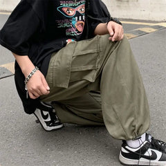 Threebooy Street Personality Trendy man Cargo Pants Casual Fashion Drawstring Design Pants Autumn New High Waist Trousers