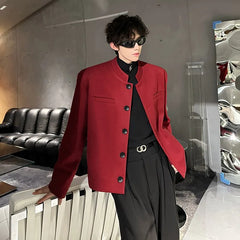 Threebooy Wine Red Blazers Men Suit Jackets Casual Stand Collar Solid Color Male Short Coats Korean Trendy Men's Clothing Autumn New
