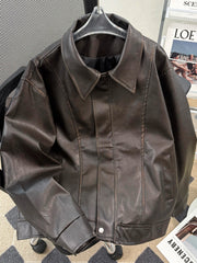 Threebooy American Retro PU Leather Jacket Boys Autumn Winter Trendy Loose Handsome Windproof Motorcycle Jacket with Lapel Leather Jacket