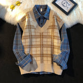 Threebooy Men's Knitted Sweater Vest Spring Autumn Casual Vest Korean Fashion Plaid Sleeveless Tops Knit Bottoming Shirt Male Clothes