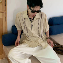 Threebooy Men's Clothing Light Luxury Retro Ethnic Shirts Leisure Popular Clothes Cuban Collar Short Sleeve Streetwear Retro Striped