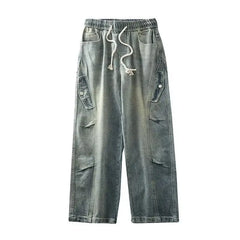 Threebooy Korean High Street Retro Men'S Jeans Pleated Patchwork Paratroopers Autumn And Winter Loose Casual Straight Leg Pants