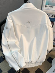 Threebooy Niche Deconstruction Heavy Industry Leather Jacket Spring Autumn Design Loose Punk Streetwear Short Motorcycle Leather Coat