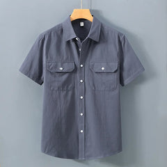 Threebooy Men's Cotton Short Sleeve Casual Shirt Fashion Double Pocket Single Breasted Summer Beach Shirt Lightweight Breathable Blouse