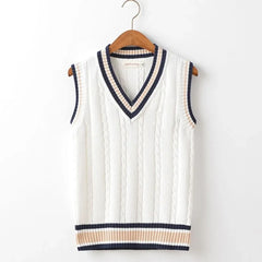 Threebooy Striped White Knitted Sweaters for Men Blue Sleeveless Man Clothes V Neck Vest Red Waistcoat Jumpers Sweat-shirt Cigaret Cotton