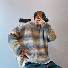 Threebooy Autumn Clothing Men's Light Luxury Striped Knitted Hooded Pullovers Sweater Casual Streetwear Long Sleeve Retro Popular Hoodie