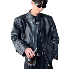 Threebooy 90s Streetwear Autumn Standing Collar Motorcycle Leather Jacket Men's Loose Short Shoulder Padded American Retro PU Jacket Jacket
