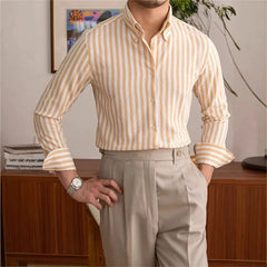 Threebooy New Naples Business Men Shirts Light Luxury Textured Lapel Striped Long Sleeve Cardigan Leisure Premium Commuter Blouse M-3XL