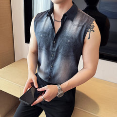 Threebooy Summer Denim Wash Vest Shirt for Men Fashion Casual No Ironing Sleeveless Shirt Slim Fit Business Social Streetwear Men Clothing