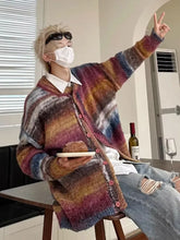 Threebooy Striped Knitted Sweater Coat Men Japanese Y2K Oversize Casual Autumn Winter Loose V-Neck Cardigan for Men Rainbow Color